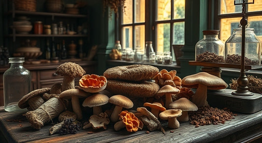 A collection of medicinal mushrooms arranged on a weathered wooden apothecary table in a dimly lit Victorian herbal shop. Features various species like reishi, lion's mane, and turkey tail mushrooms. 